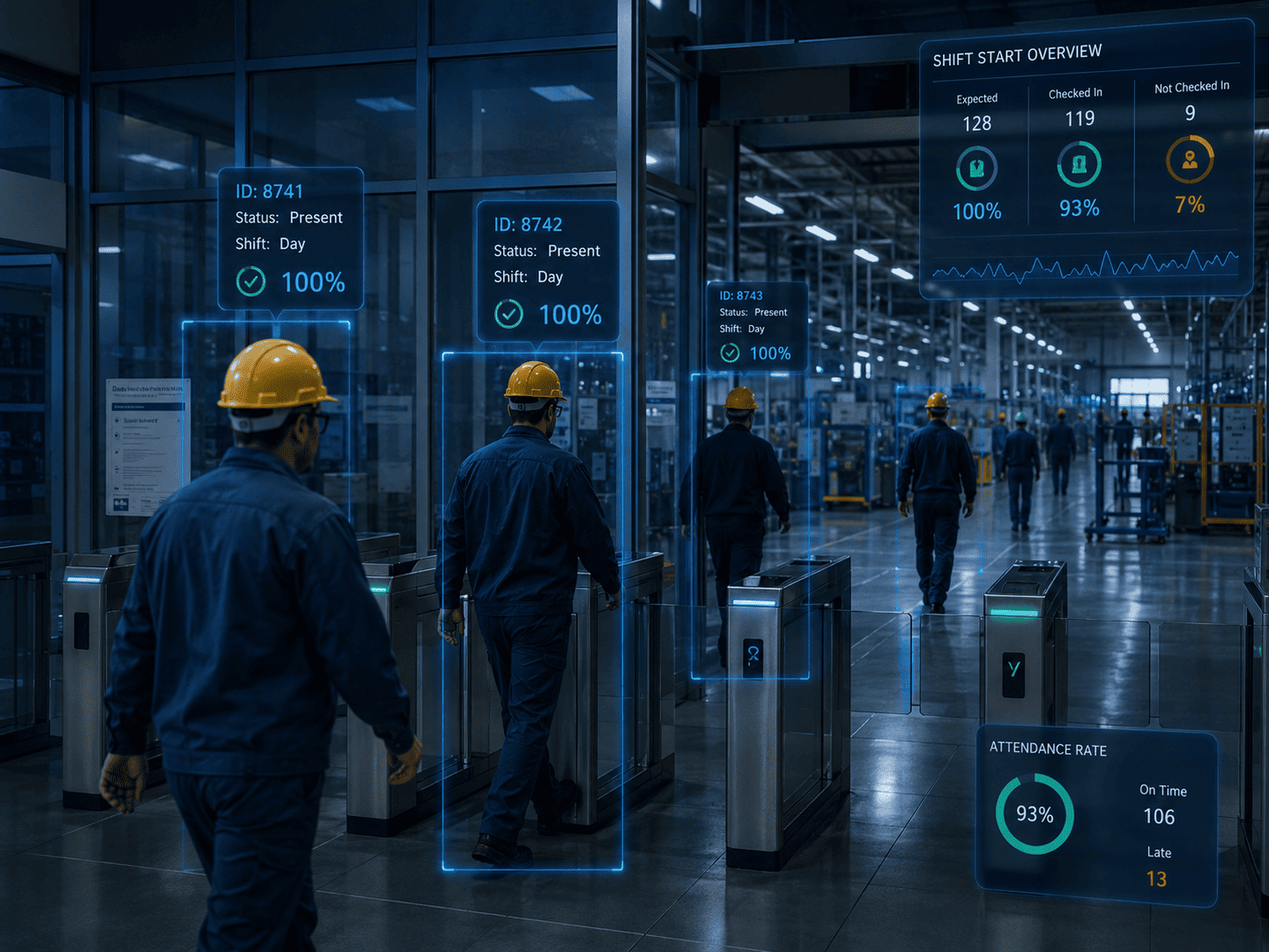 Employee attendance control at access point and production zone